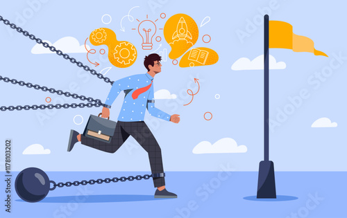 Struggle of businessman. Man with briefcase runs tied with chains. Entrepreneur overcomes difficulties. Corporate worker. Business problem and obstacles. Flat vector illustration