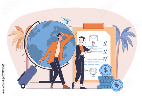 Tourism expert concept. Man and woman in medical uniform assessing knee. Healthcare and medicine. Diagnosis and treatment. Traumatologist team. Linear vector illustration