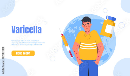 Varicella vaccine poster. Boy in red spots. Injection against virus, prevention and treatment. Healthcare and medicine. Landing webpage design. Flat vector illustration