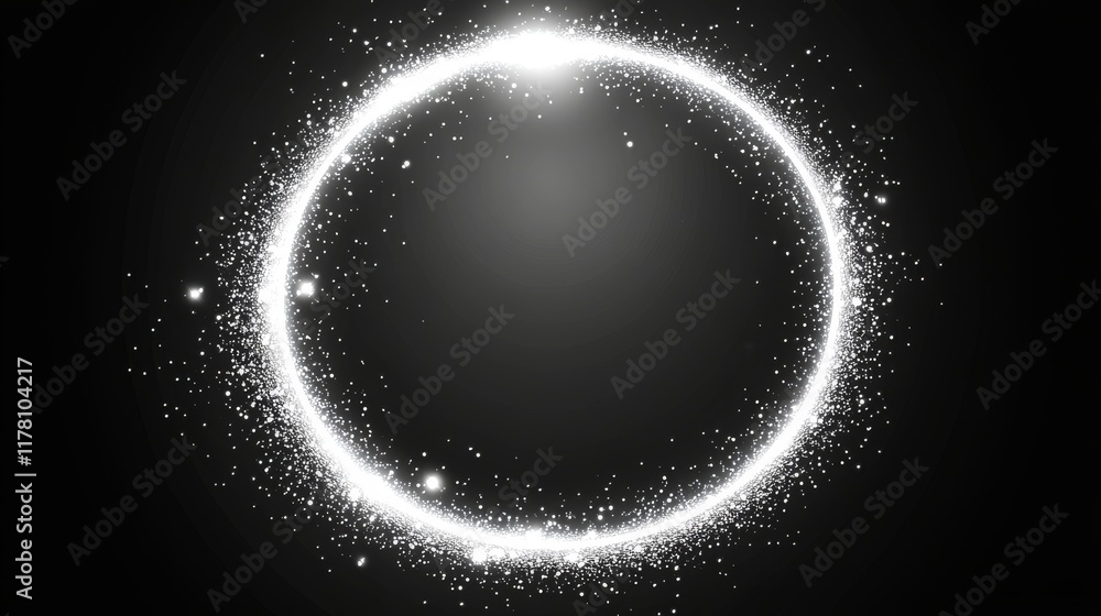 Fototapeta premium White spark circle light effect with magic glow. Abstract round glitter sparkle silver vector border stroke transparent background. Shiny luxury circular dust particle design set with starlight trail