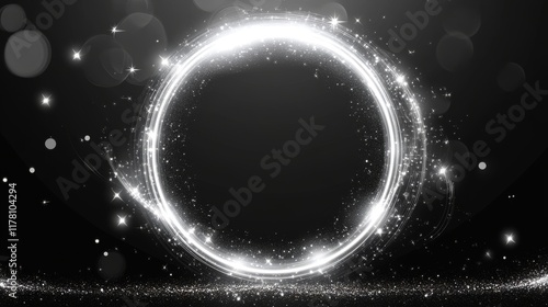 White spark circle light effect with magic glow. Abstract round glitter sparkle silver vector border stroke transparent background. Shiny luxury circular dust particle design set with starlight trail