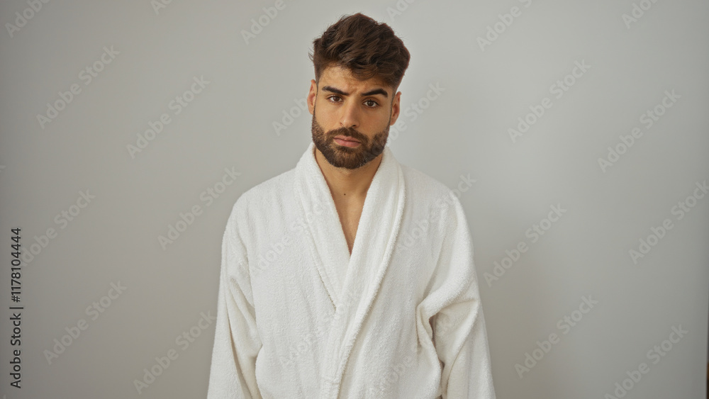 Fototapeta premium Handsome young hispanic man with a beard posing over an isolated white background wearing a bathrobe