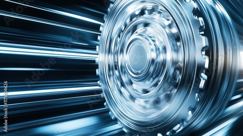 Dynamic view of a spinning gear with blue glowing details. industrial engineering and mechanics photo