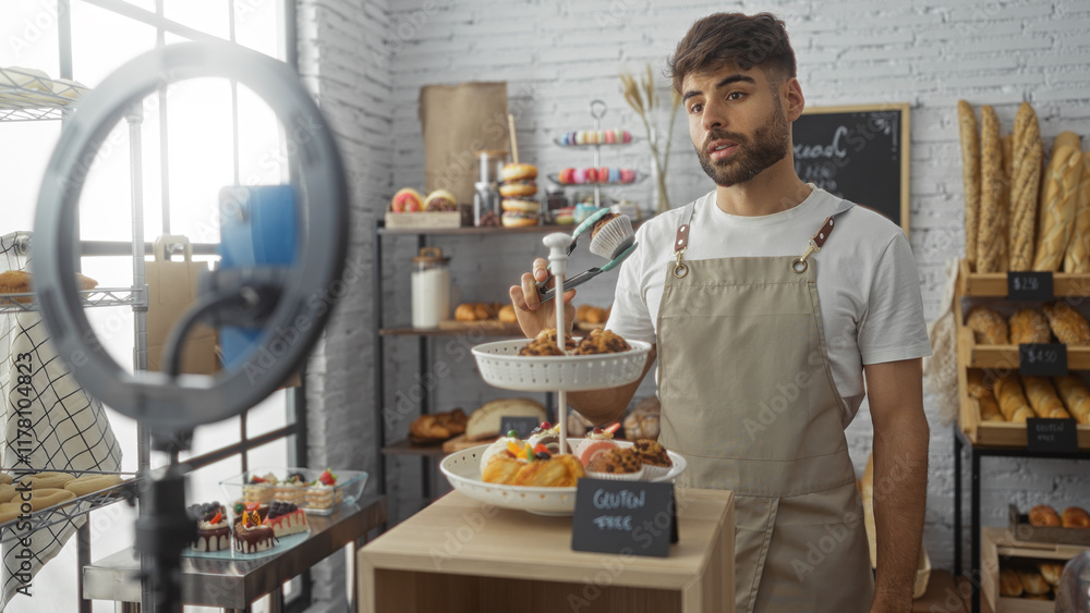 Fototapeta premium Hispanic man recording video in a bakery shop, showcasing various pastries and breads with a modern setup indoors.