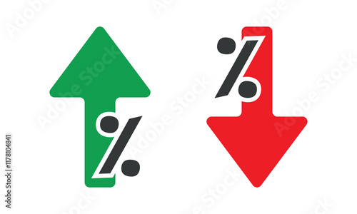 Percentage with arrow up and down. Percentage arrow with percent sign. Design concept for banking, credit, interest rate, finance and money sphere.