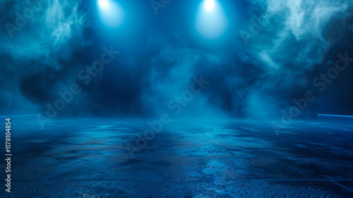 Wallpaper Mural A dark, empty street with abstract blue asphalt serves as a backdrop for a studio room with neon lights, spotlights, and smoke, creating an interior texture for product displays Torontodigital.ca