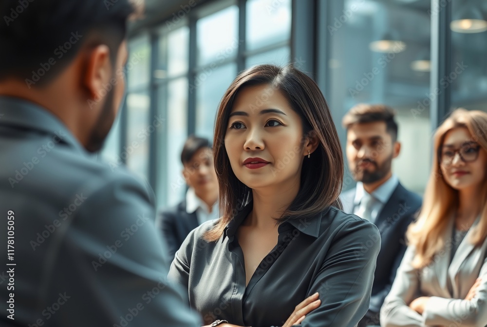 Confident Businesswoman Engaging in Discussion with Colleagues in a Modern Office Setting Confident Businesswoman Engaging in Discussion with Colleagues in a Modern Office Setting