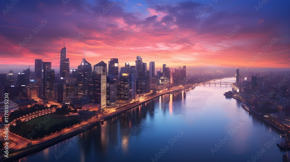 Fototapeta premium Stunning Twilight Panorama of Modern Cityscape with River Reflection, HD Image