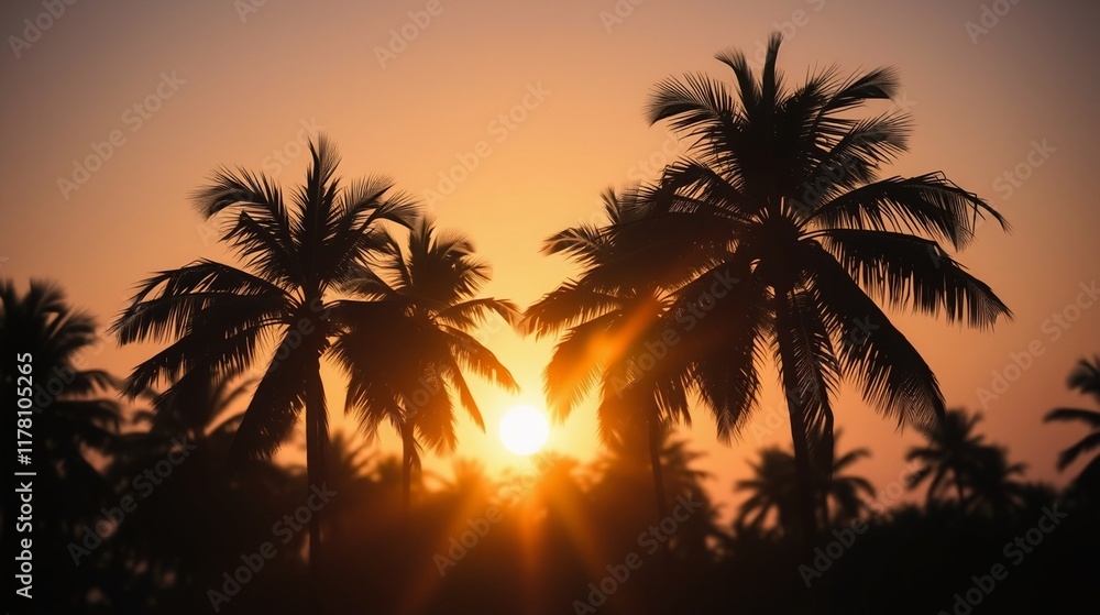 Obraz premium Tropical Sunset with Silhouetted Palm Trees against Golden Sky
