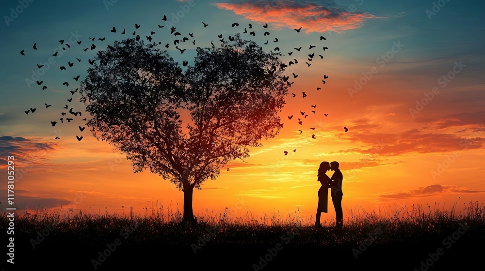 Romantic Silhouette of a Couple Kissing at Sunset Under Heart-Shaped Tree with Birds Romantic Silhouette of a Couple Kissing at Sunset Under Heart-Shaped Tree with Birds