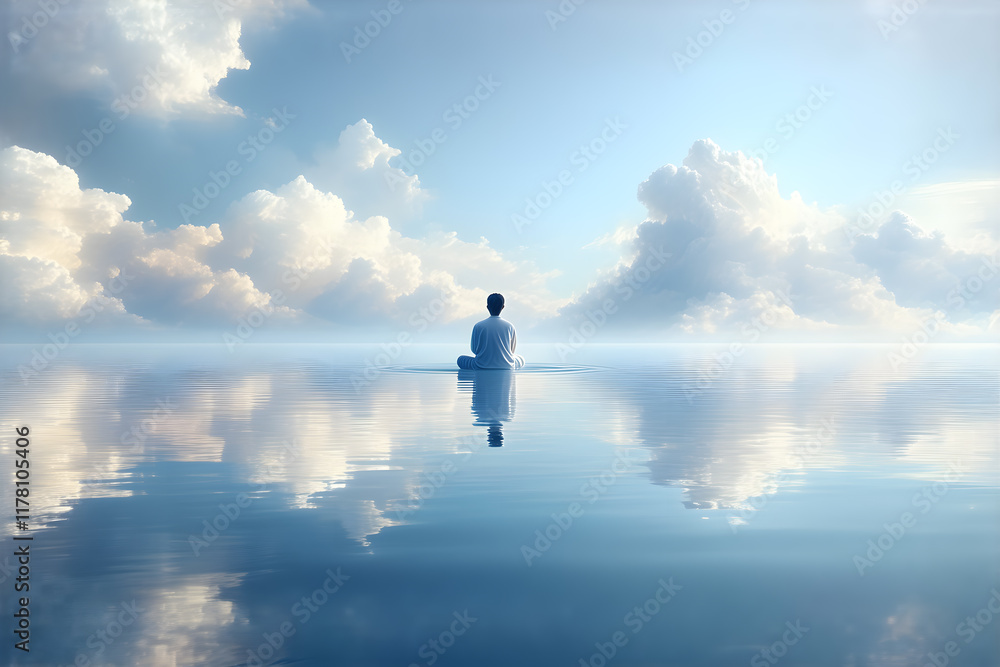 Meditative Reflection in Serene Waters Under a Vast Sky with Clouds Meditative Reflection in Serene Waters Under a Vast Sky with Clouds