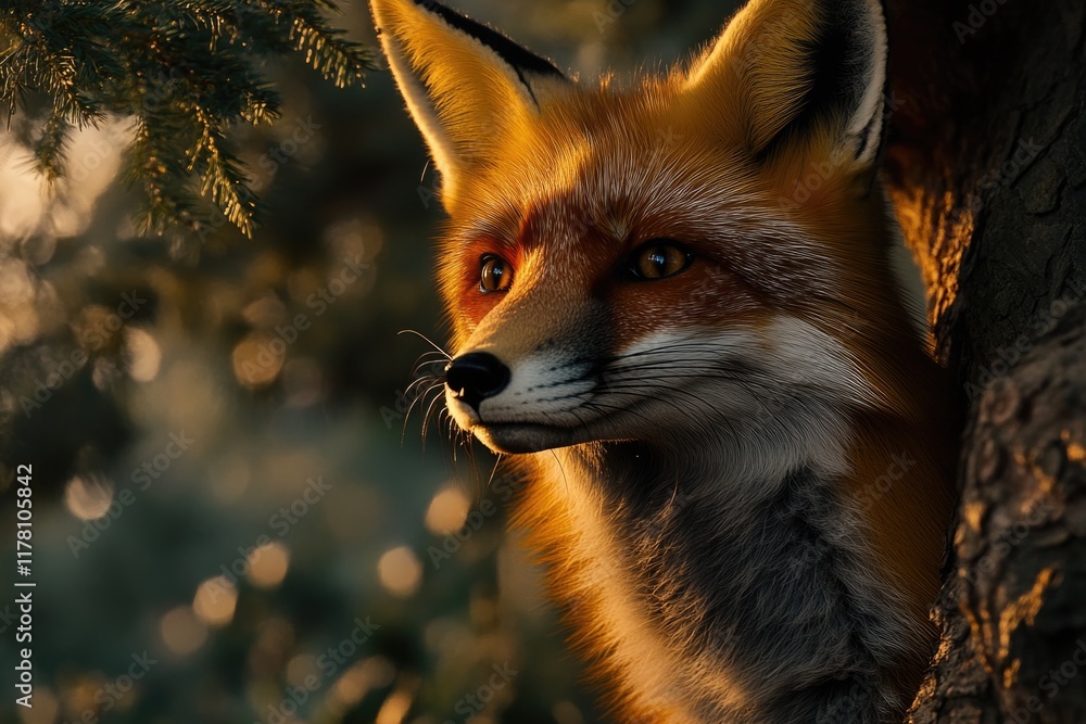 Fototapeta premium A close-up shot of a red fox sitting next to a tree