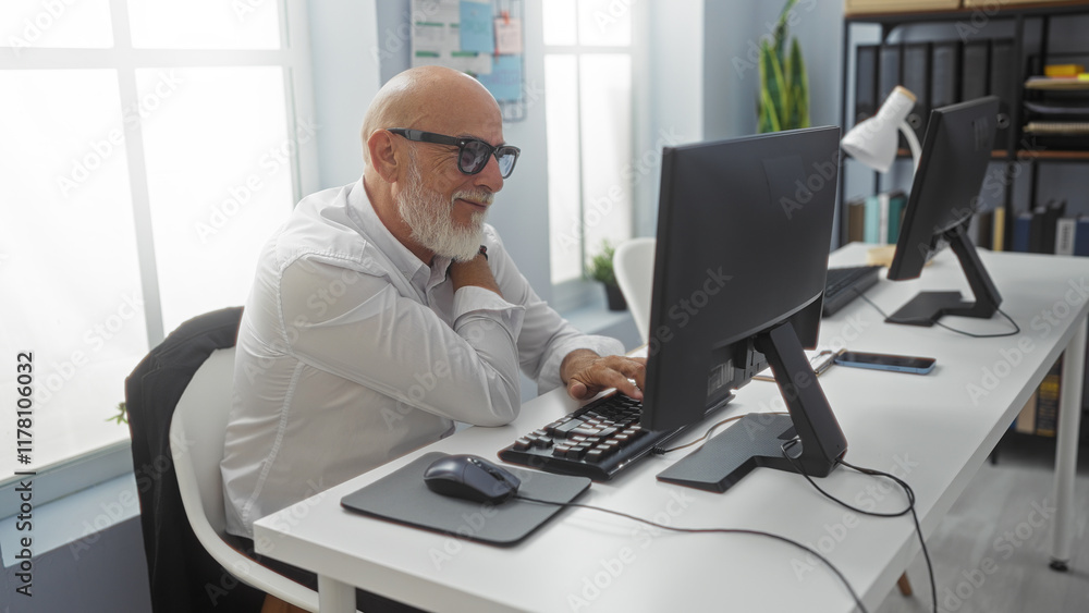 Man with grey hair and beard in office holding shoulder in pain while working on a computer. Man with grey hair and beard in office holding shoulder in pain while working on a computer.