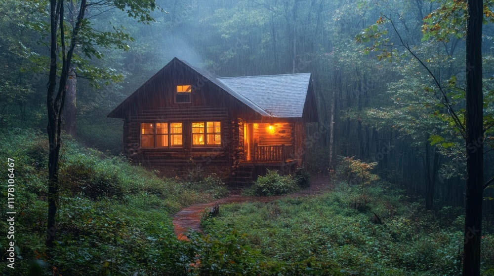 A cozy wooden cabin nestled in a foggy forest with warm lights illuminating the windows. A cozy wooden cabin nestled in a foggy forest with warm lights illuminating the windows.