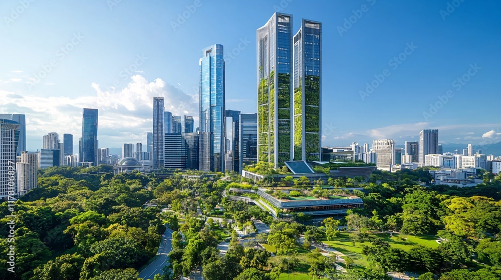 Obraz premium Futuristic Sustainable Cityscape with Eco-Friendly Skyscrapers and Green Urban Design
