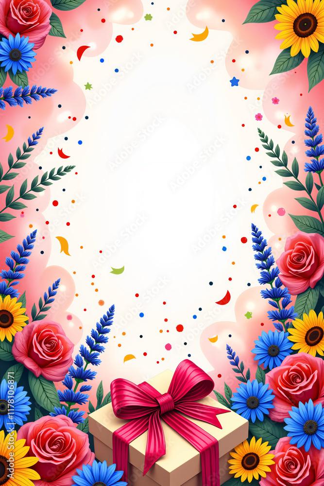 Birthday card with a vibrant background, adorned with a colorful array of flowers, including roses, sunflowers, and blue blooms, featuring a gift box with a pink ribbon. Birthday card with a vibrant background, adorned with a colorful array of flowers, including roses, sunflowers, and blue blooms, featuring a gift box with a pink ribbon.