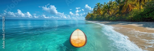 Tranquil Beach Scene with Paddleboard and Lush Tropical Palm Trees alongside Pristine Turquoise Waters under a Clear Blue Sky with White Clouds