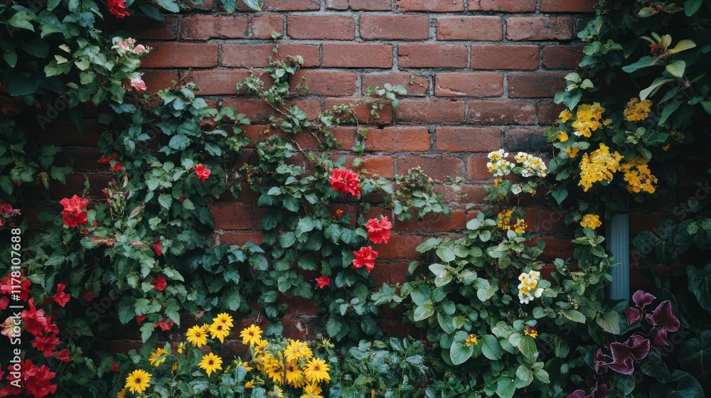 Naklejka premium A brick wall covered in colorful flowers and green vines.