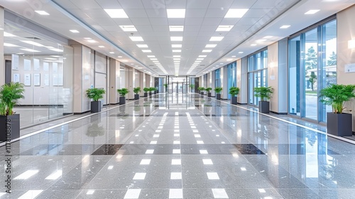 A beautifully designed modern office building corridor with reflective tiles and natural light streaming through large windows, accentuated by potted plants and tranquil atmosphere