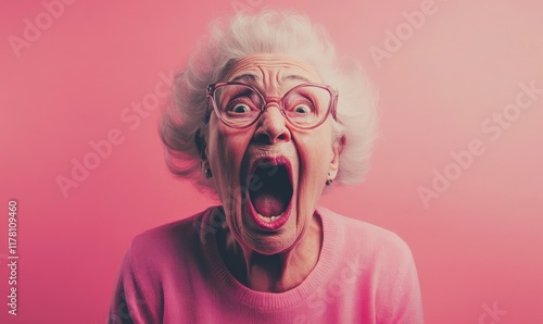 A screaming granma in an act of astonishment on a pink background. Banner cover design. photo