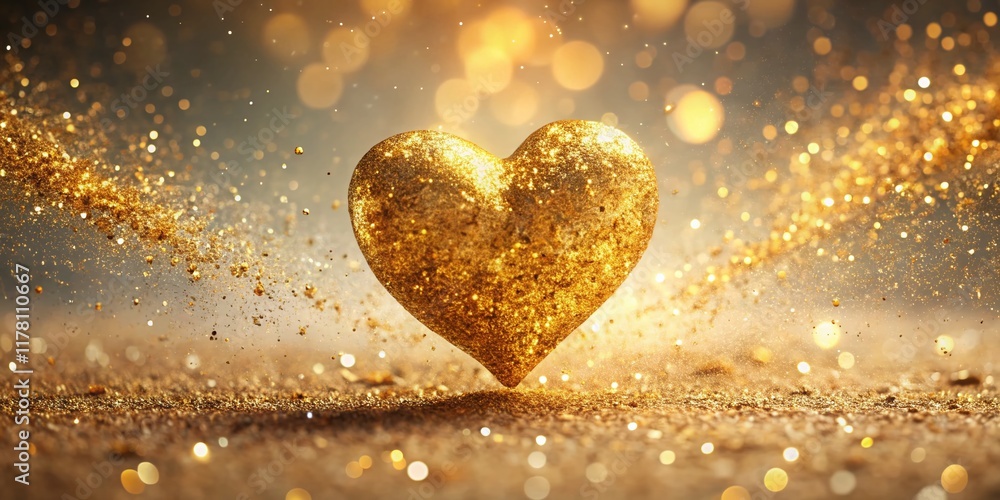 Sparkling Golden Heart with Falling Glitter - Light Beige and Gold Background Sparkling Golden Heart with Falling Glitter - Light Beige and Gold Background
