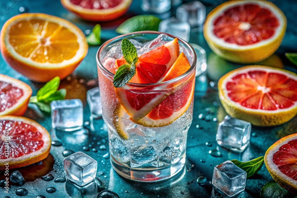 Sparkling Grapefruit Water: Macro Photography of Refreshing Drink with Ice Cubes & Slices for a Healthy Lifestyle Sparkling Grapefruit Water: Macro Photography of Refreshing Drink with Ice Cubes & Slices for a Healthy Lifestyle