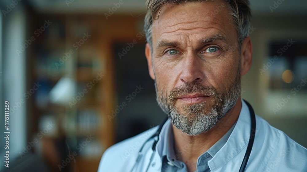 Obraz premium Portrait of a Professional Looking Man in Medical Attire, Captured Indoors with Blurred Background Featuring Books and Ambient Lighting, Expressing a Confident and Approachable Demeanor