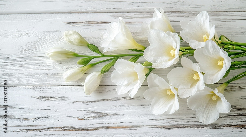 White freesia flowers on rustic wood background for spring greetings. White freesia flowers on rustic wood background for spring greetings.