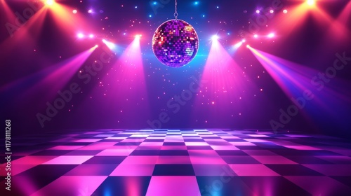 Retro mixtape banner with dance floor and disco ball. Club party with music of 80s and 90s. Vector landing page with cartoon illustration of nightclub checkered stage illuminated by spotlights