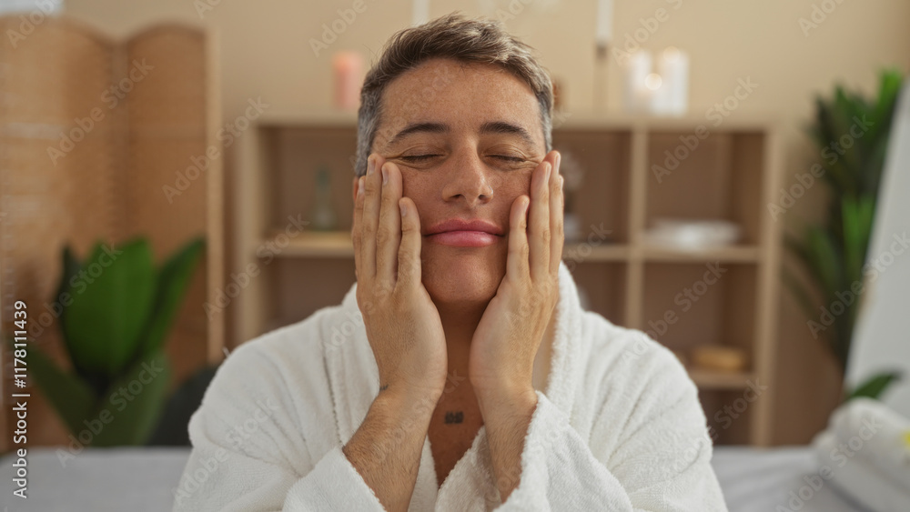 Young man in a spa enjoying a relaxing facial treatment with both hands touching his cheeks, surrounded by an indoor wellness setting with candles and plants. Young man in a spa enjoying a relaxing facial treatment with both hands touching his cheeks, surrounded by an indoor wellness setting with candles and plants.