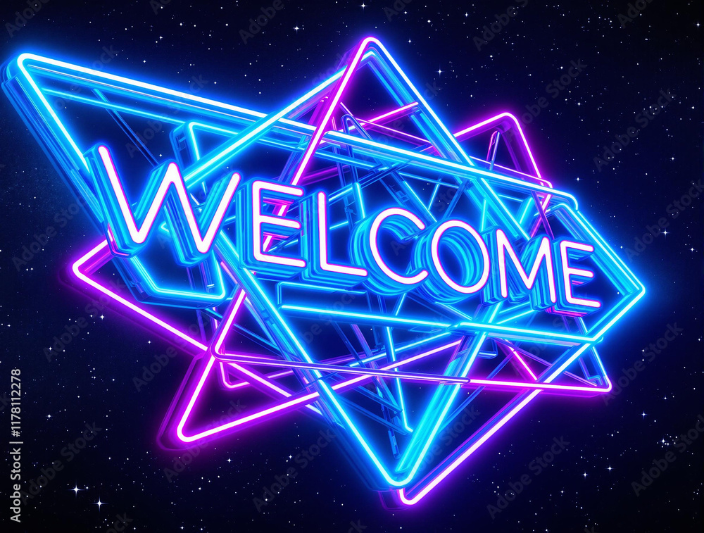 Naklejka premium Futuristic Neon 3D Welcome Sign Cyberpunk Style