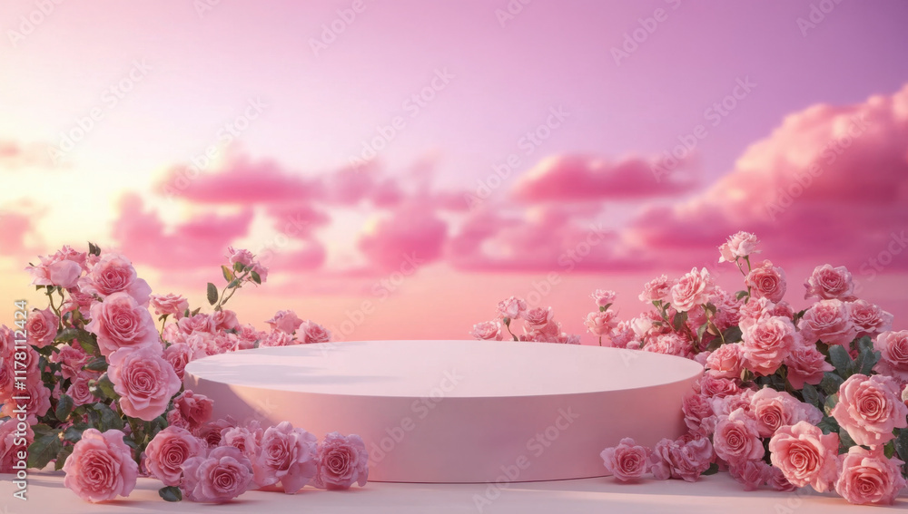 Podium background flower rose product pink 3d spring table beauty stand display nature white. Garden rose floral summer background podium cosmetic valentine easter field scene gift purple day romantic
