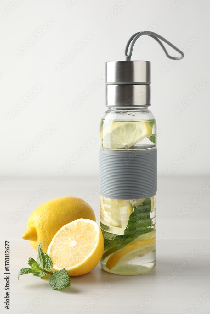 Lemon water with mint in bottle on white wooden table Lemon water with mint in bottle on white wooden table