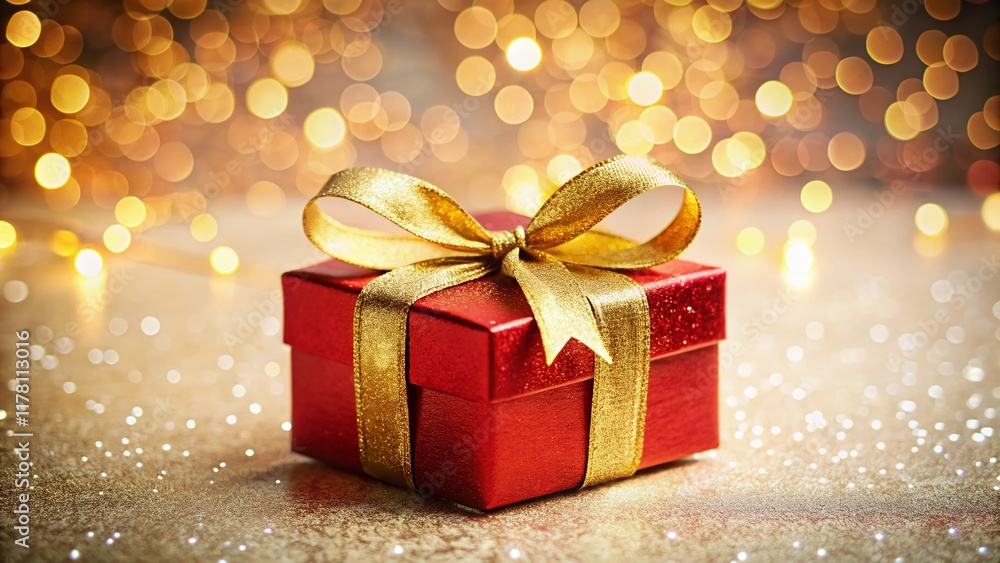 Sparkling Red Gift Box with Gold Bow on White Background - Long Exposure Bokeh Sparkling Red Gift Box with Gold Bow on White Background - Long Exposure Bokeh