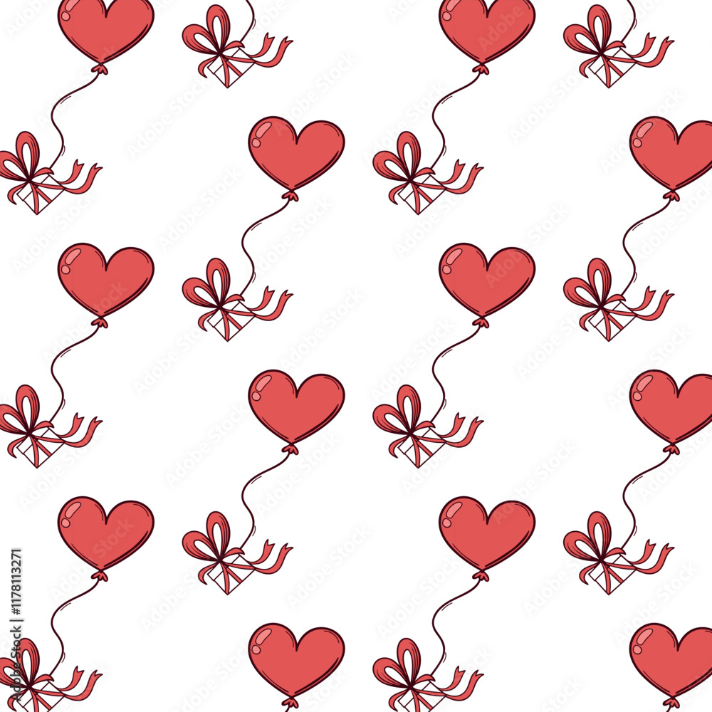 Seamless pattern of red heart-shaped balloons with gift boxes and ribbons. Hand-drawn Valentine's Day design Seamless pattern of red heart-shaped balloons with gift boxes and ribbons. Hand-drawn Valentine's Day design