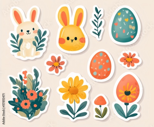 Cute easter bunny and eggs stickers with flowers and plants