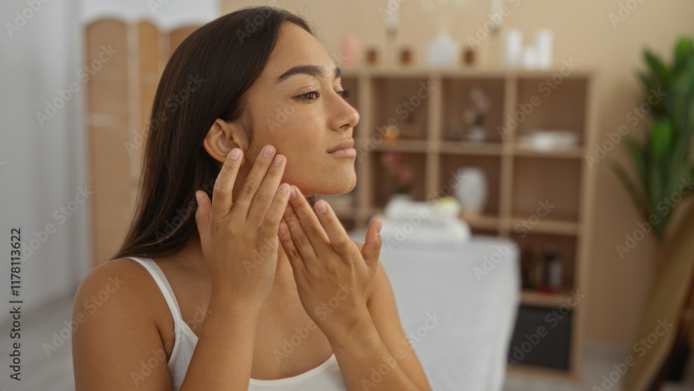 Young woman with brunette hair in a spa room, gently touching her face, highlighting beauty and wellness in an indoor salon setting. Young woman with brunette hair in a spa room, gently touching her face, highlighting beauty and wellness in an indoor salon setting.