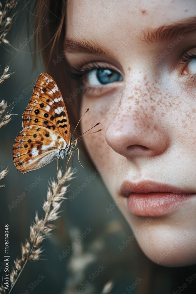Φωτογραφία Close-up shot of a woman with a butterfly resting on her nose, simple and colorf