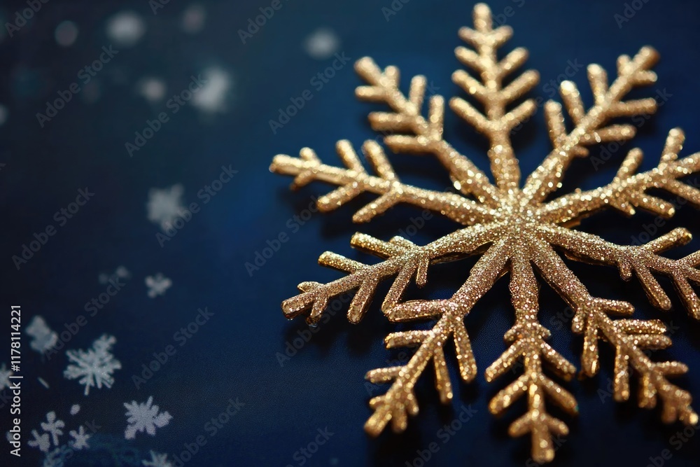 A single gold snowflake floating on a blue background A single gold snowflake floating on a blue background