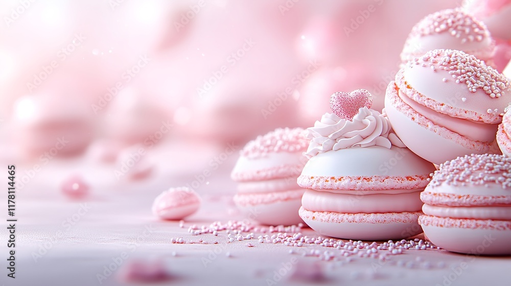A collection of beautifully crafted pink macarons sits on a soft surface, surrounded by delicate decorations. The gentle lighting enhances their intricate details and inviting appearance A collection of beautifully crafted pink macarons sits on a soft surface, surrounded by delicate decorations. The gentle lighting enhances their intricate details and inviting appearance
