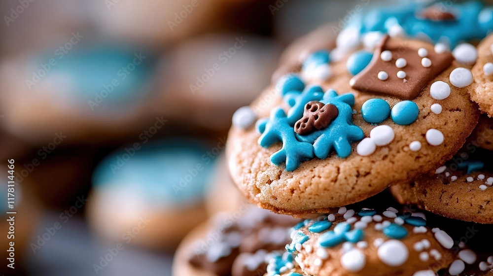 A stack of beautifully decorated cookies displays intricate blue and brown designs, reflecting creativity and festivity, perfect for any celebration or holiday gathering. A stack of beautifully decorated cookies displays intricate blue and brown designs, reflecting creativity and festivity, perfect for any celebration or holiday gathering.