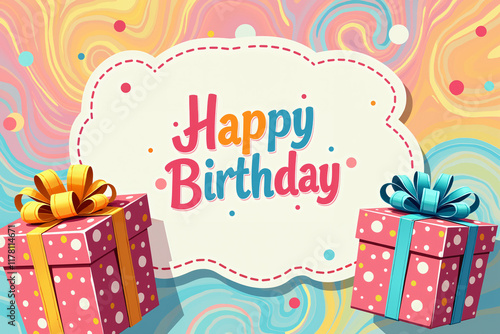 Birthday card with a colorful background, featuring pink and blue polka dots, a white cloud with a dotted border, and three wrapped gifts adorned with yellow, gold, and teal ribbons. photo