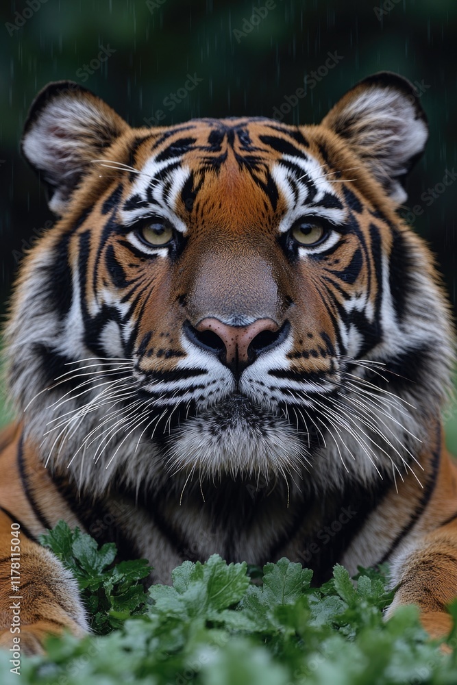 Fototapeta premium A close-up shot of a tiger lying down in the grass