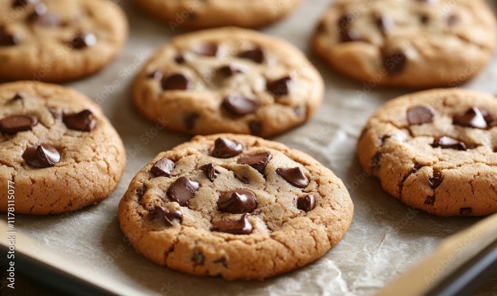 A close-up of a tray of freshly made homemade chocolate cookies. The cookies are baked to perfection and ready to enjoy. A close-up of a tray of freshly made homemade chocolate cookies. The cookies are baked to perfection and ready to enjoy.