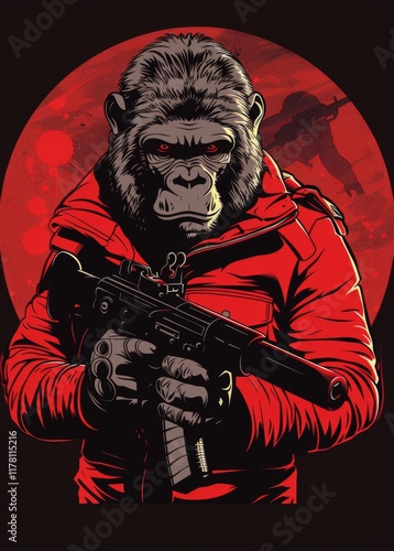 A gorilla cartoon character holding a gun t-shirt design photo