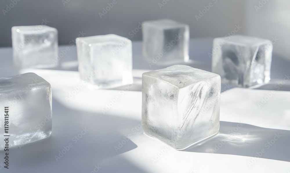 A collection of clear, frosted cubed ice blocks on a white surface, used for chilling and temperature control. A collection of clear, frosted cubed ice blocks on a white surface, used for chilling and temperature control.