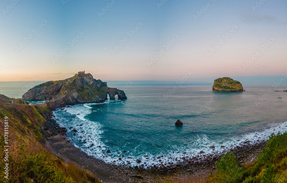 seascape of san juan de gaztelugatxe at sunset in the basque coast seascape of san juan de gaztelugatxe at sunset in the basque coast