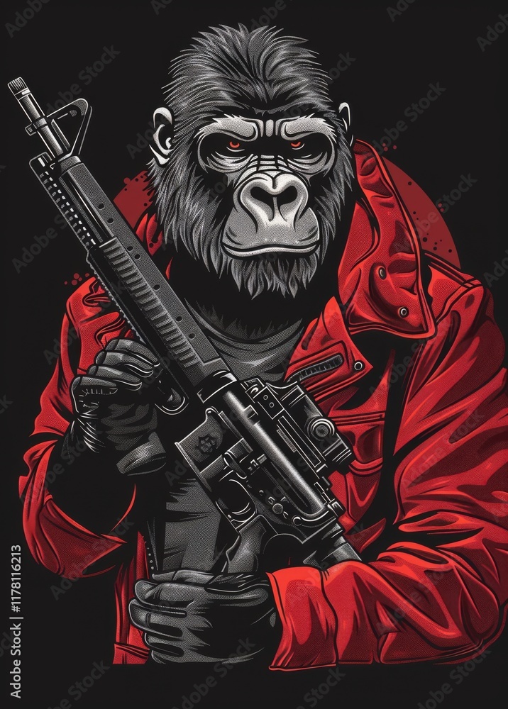 Obraz premium A gorilla cartoon character holding a gun t-shirt design