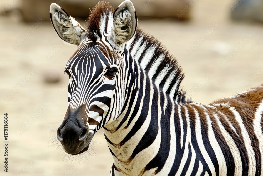 Fototapeta premium Close-up shot of a zebra standing on a dirt field, perfect for wildlife or nature themed projects