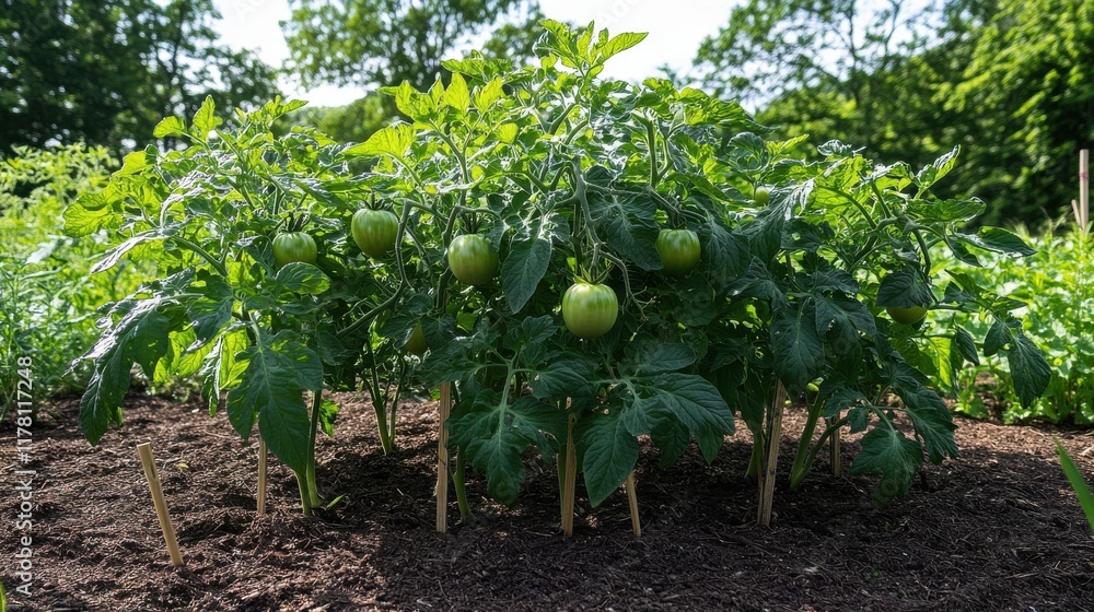 A beautiful tomato plant in full growth, showcasing large, ripe tomatoes on sturdy branches with vibrant green leaves, captured in a rustic garden setting on a sunny day. A beautiful tomato plant in full growth, showcasing large, ripe tomatoes on sturdy branches with vibrant green leaves, captured in a rustic garden setting on a sunny day.